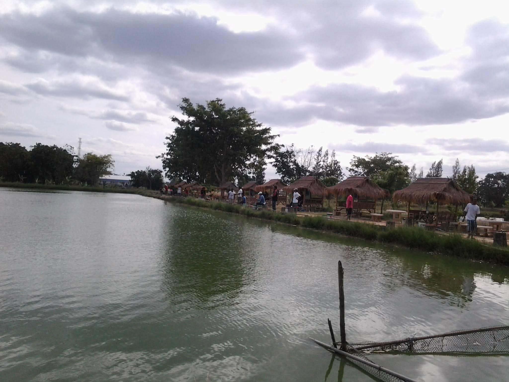 Win's first pond, PP Fishing Park — thatched fishing huts along the water